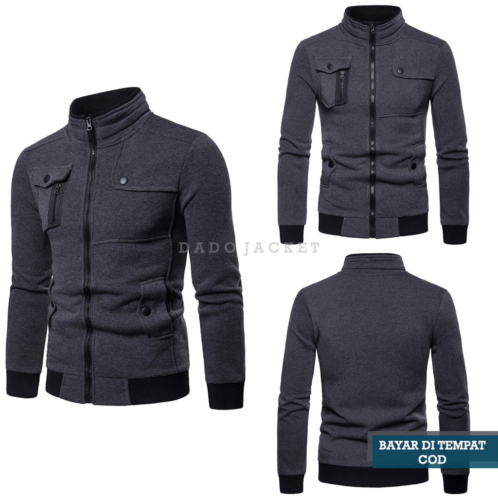 Jaket Pria Fleece Tebal Zipper Cotton Casual Terbaru 2021 Polos Abu Tua