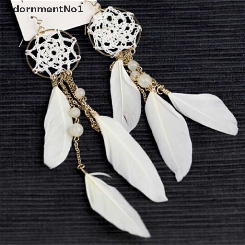 (AdornmentNo1) Anting Gantung Panjang Kait Gaya Etnik Bohemia Motif Dream Catcher Aksen Bulu + Manik-Manik Untuk Wanita