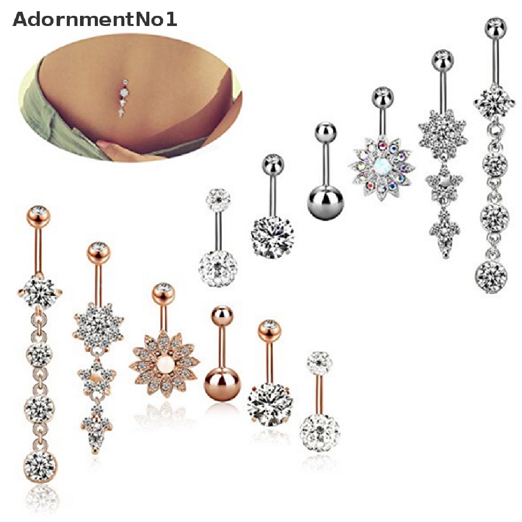 (AdornmentNo1) 6pcs / Set Anting Tindik Perut / Pusar Model Gantung Bahan Stainless Steel Hias Kristal Untuk Wanita