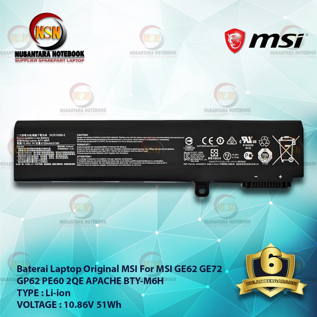 Baterai Original Laptop MSI For GE62 GE72 GP62 PE60 2QE APACHE BTY-M6H 10.86V 51Wh