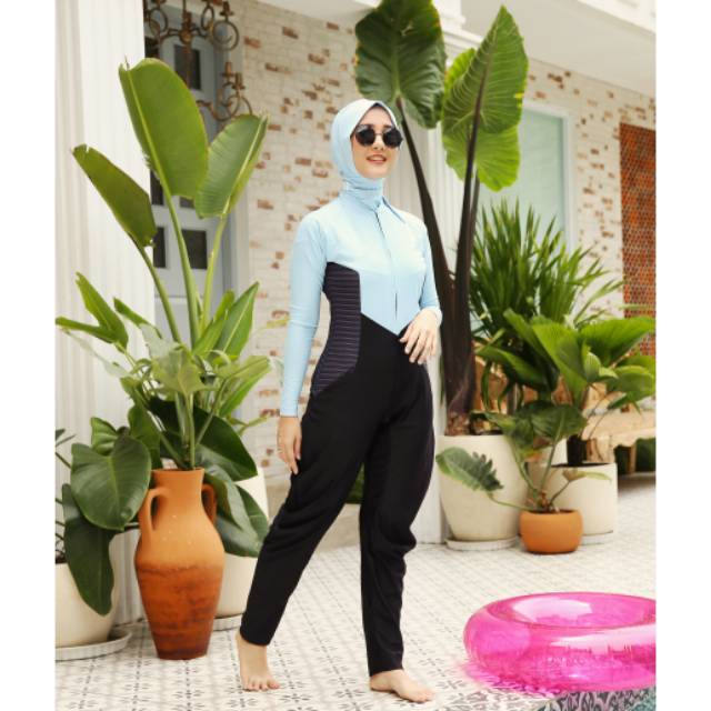 Carnation Blue Black Hijab  Swimwear  SWIMSWEETS Shopee 
