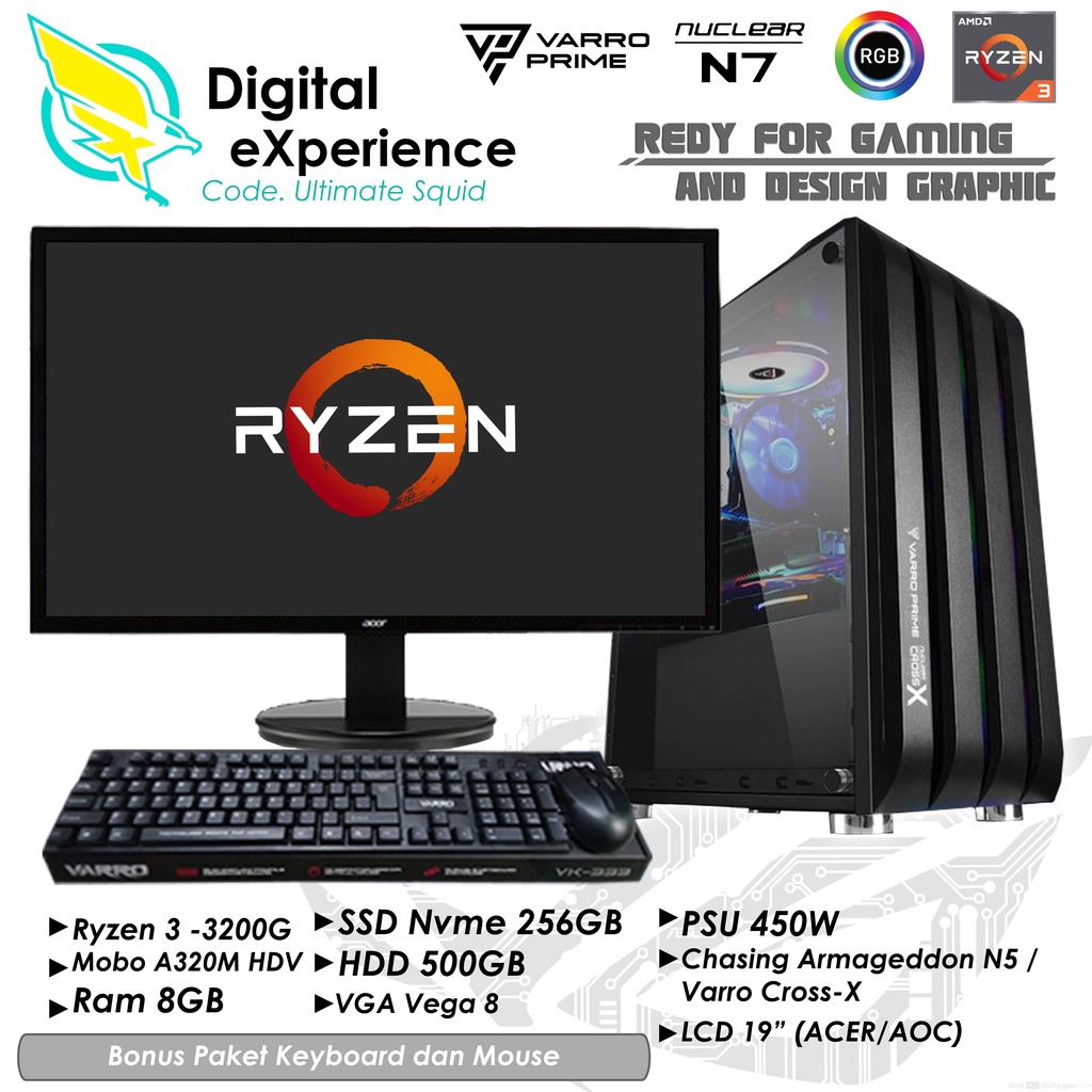 PC FullSet AMD Ryzen 3  3200G, Ram 8GB, SSD Nvme 256GB, HDD 500GB