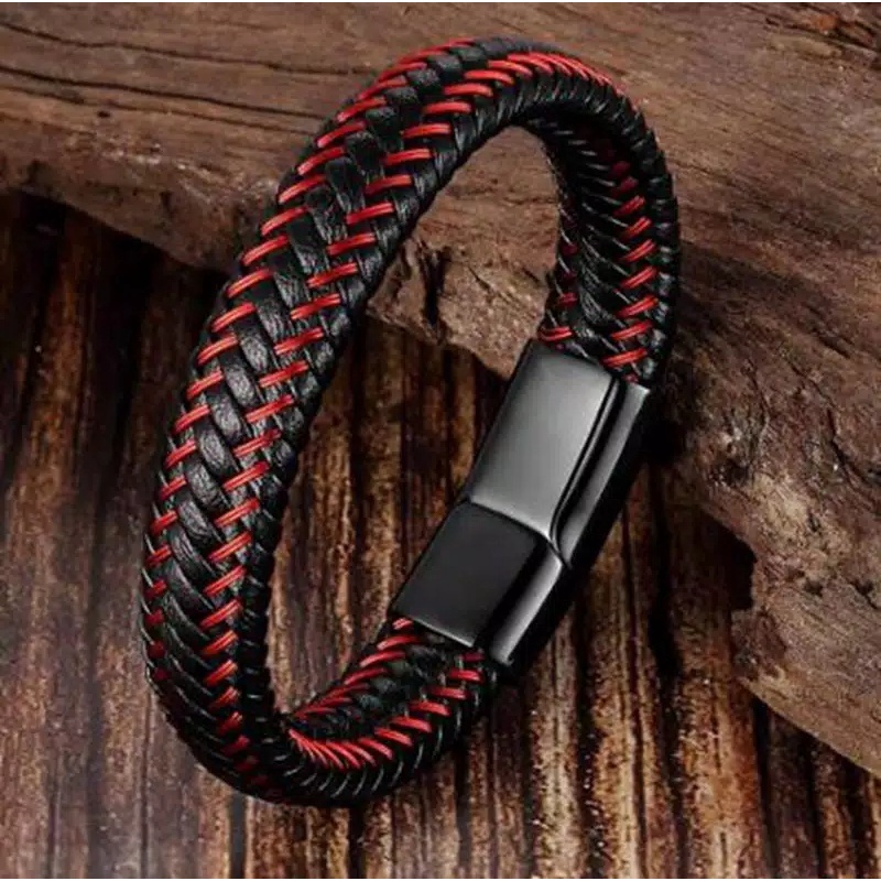 GELANG KULIT HITAM LIS MERAH KASUAL RECOMMENDED