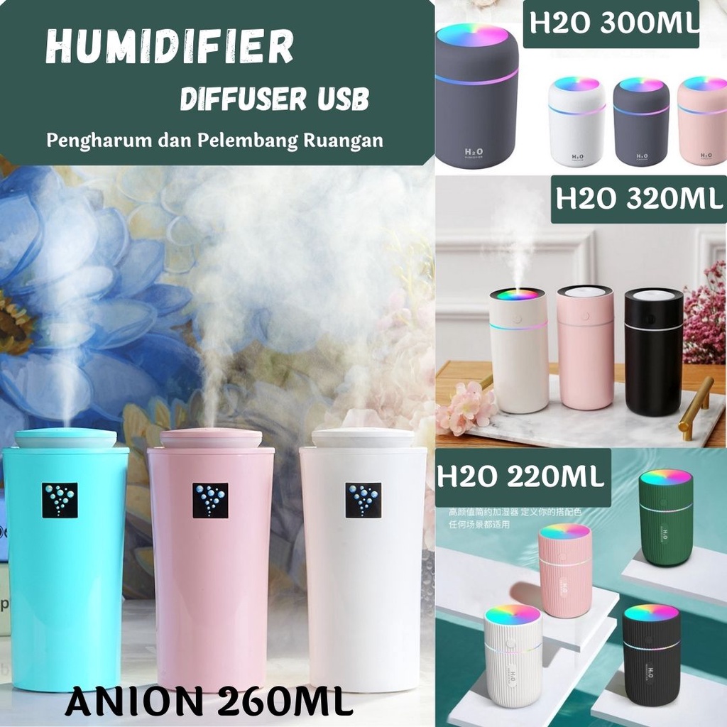 H2O Humidifier Usb Air Diffuser 220ML 300ML  320ML Purifier Pelembab Udara Light  Anion Ultrasonic Light 260ml