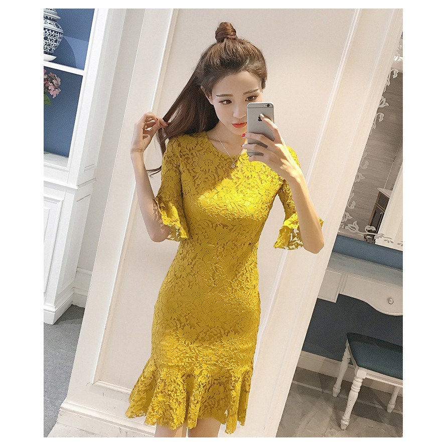 Dress Midi Slim Sexy Lengan Ruffle Model Hollow Bahan Lace Gaya Korea