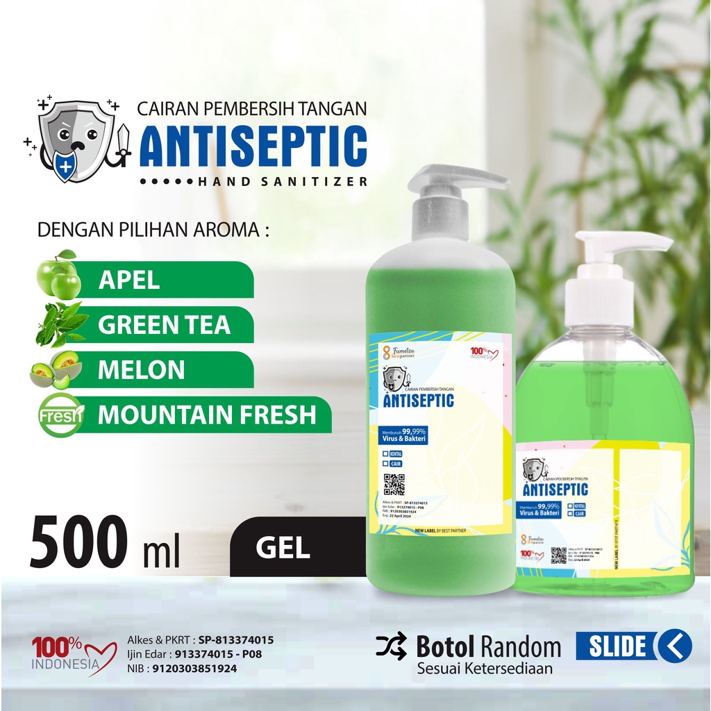 Hand Sanitizer GEL Antiseptic Varian Aroma Buah 500 ml Pump / Aroma Segar  500 ml Botol PUMP