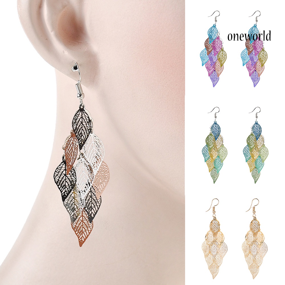 OW@ Lady Colorful Multi Layers Hollow Leaf Elegant Hook Earrings Jewelry Decor