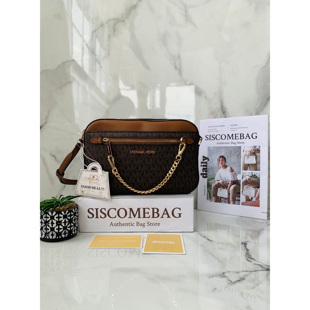 MK jet set item large zip chain crossbody sig brown