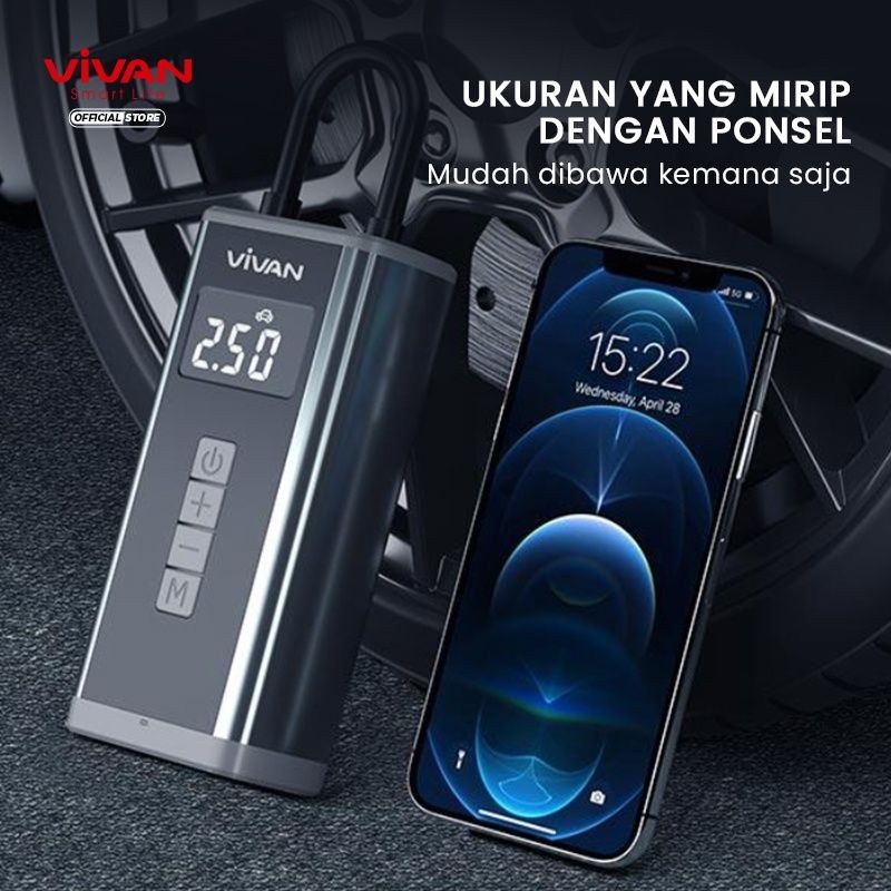 Vivan VT101 Pompa ban Mobil Portable Inflator Tire 5200 mAh Elektrik - Hitam
