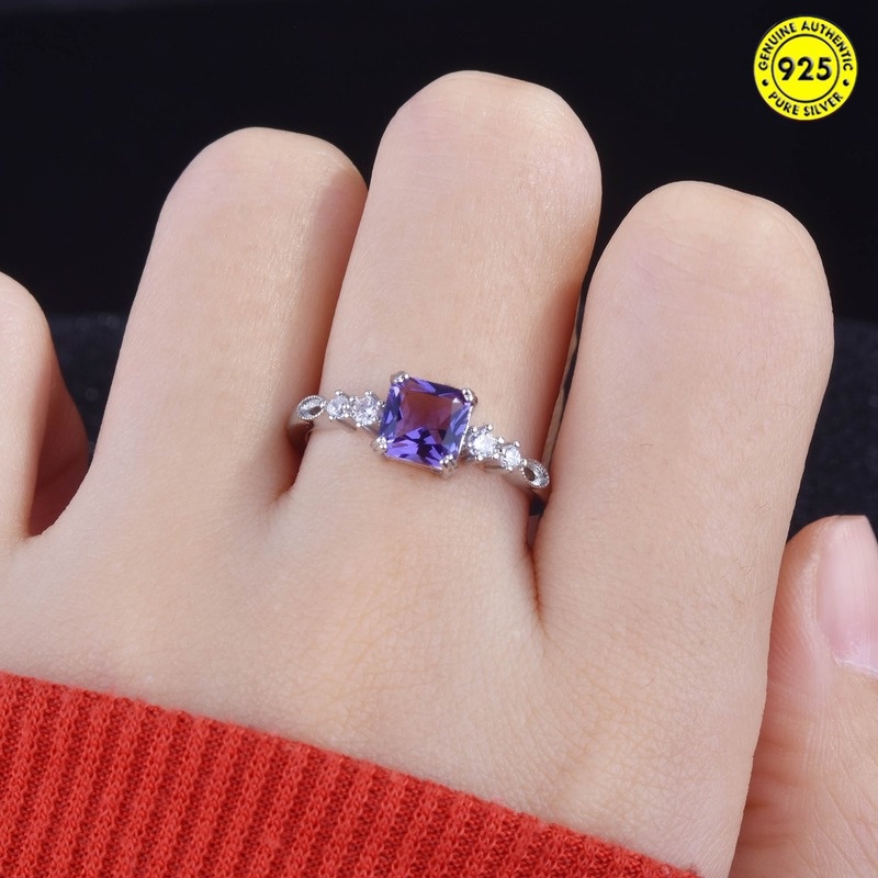 All-Match Colored Gems Square Diamond Amethyst Open Ring