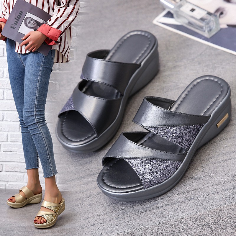 RYS - Glitter Smooth Sandal Wedges Wanita Casual -  Ori Import