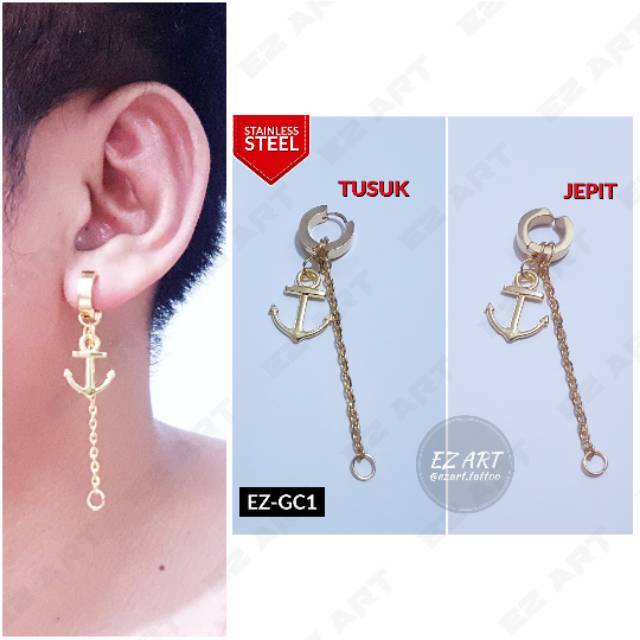 1Pc Model EZ-GC Gold Emas Anting Pria dan Wanita Jepit Tusuk Variasi Bandul Jangkar