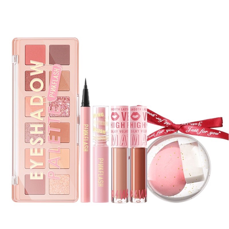 PINKFLASH Christmas 6PCS Makeup Set Pink Makeup Set Eyeshadow Eyeliner Mascara Eyes Lipsticks Makeup Sponge Beauty Set