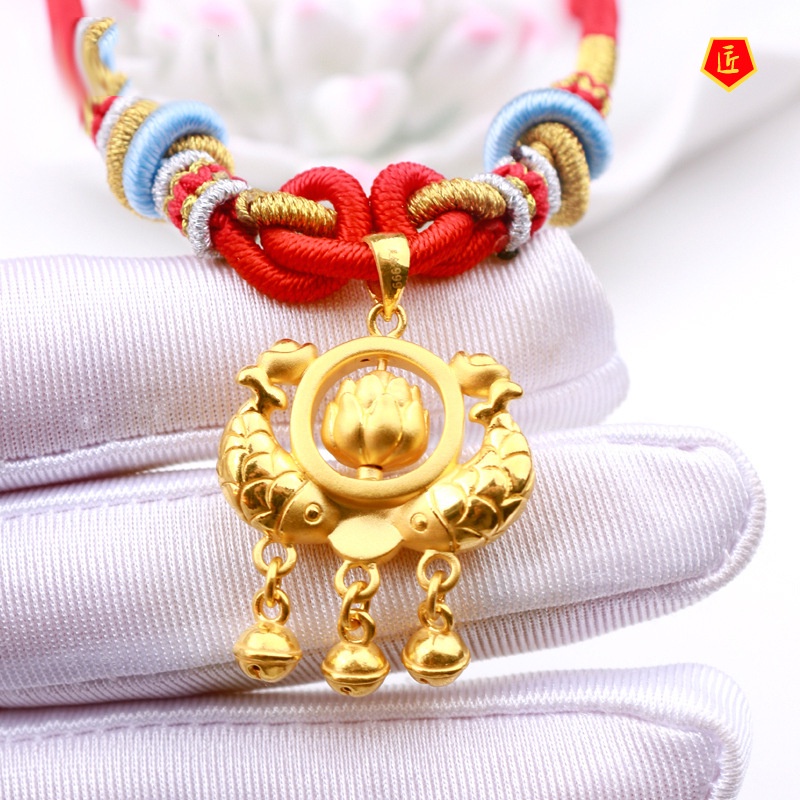 [Ready Stock]3D Gold Lock Bag Necklace Lotus Rotatable Bell Pendant
