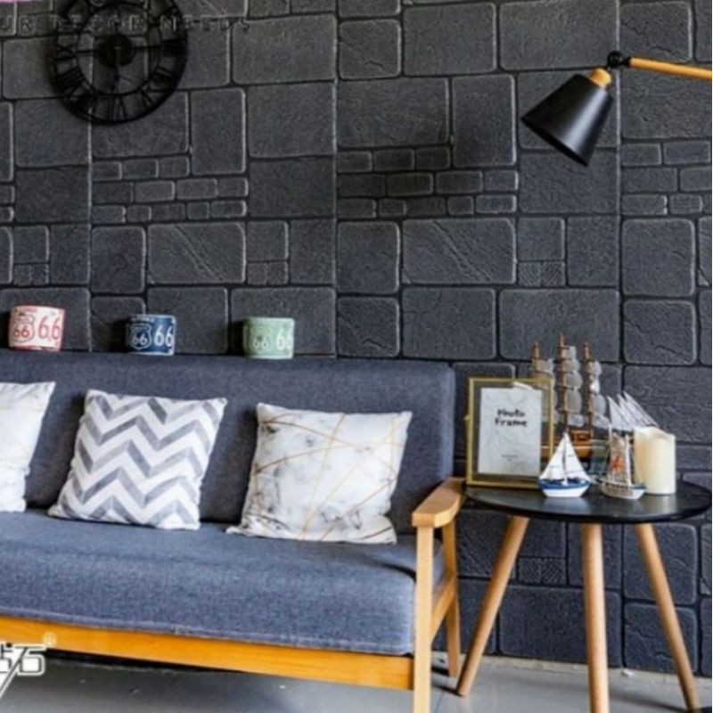 WALLPAPER STIKER DINDING FOAM TIMBUL MOTIF BATU ALAM HITAM PUTIH DEKORASI INTERIOR CANTIK RUANGAN