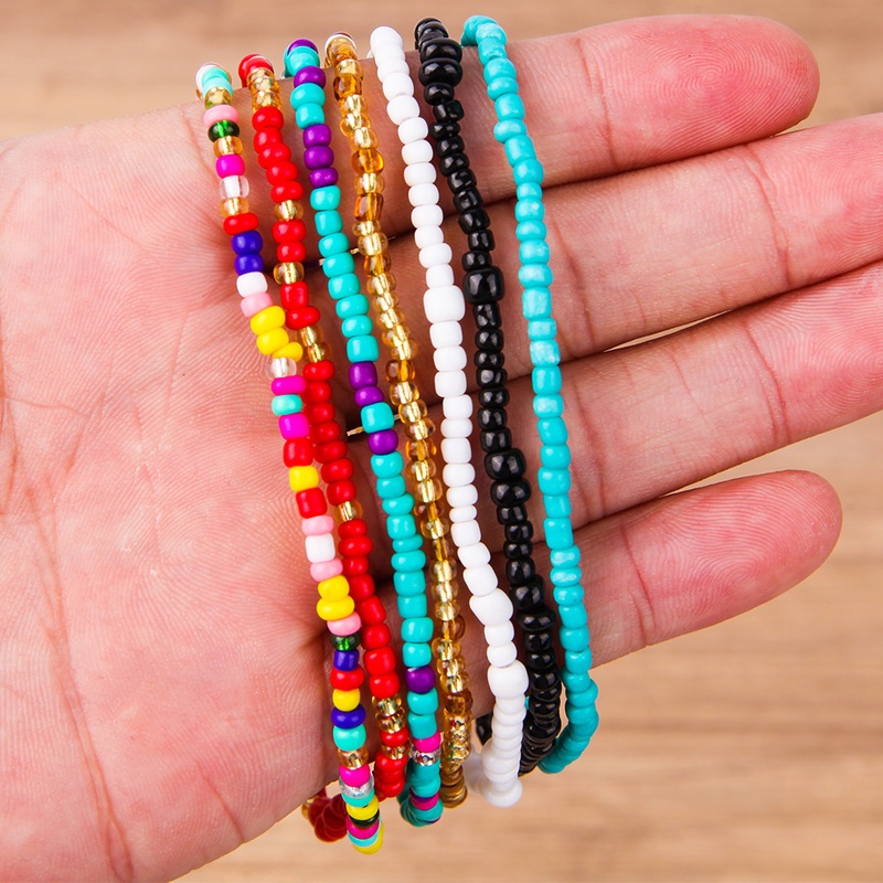 7pcs / Set Gelang Kaki Rantai Elastis Hias Manik-Manik Warna-Warni Gaya Bohemian Untuk Wanita