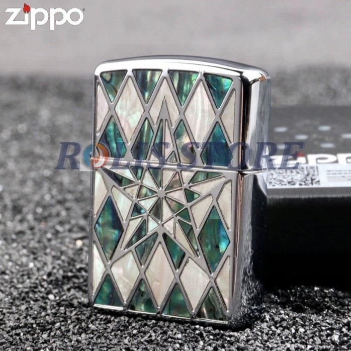 COD- Korek Zippo Silver Ice Emboss Crystal Blue Green Aurora 2 Sisi High Premium Quality Limited Made In Usa - Free Box