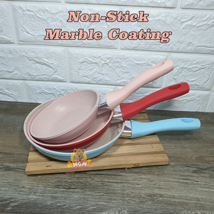 SET3 Teflon Telur Frypan Mini Warna pastel Gagang Marble Coating 12-16