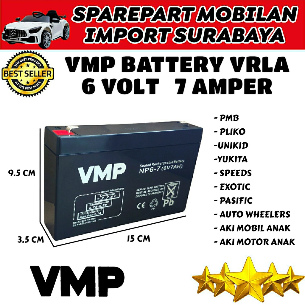 PUSAT BATTERY VMP 6V 7AH PLIKO PMB MOBIL MOBIL MOBILAN MAINAN AKI ANAK RIDE ON CAR PART 6 VOLT