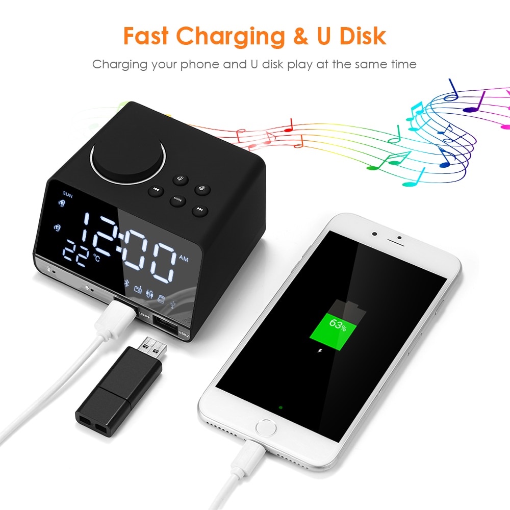 Jam Meja Bluetooth Speaker Alarm Clock FM Radio Dual USB Charge TF Card - K11 - Black