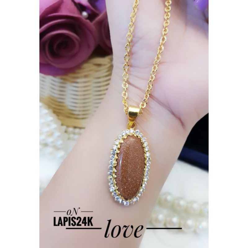 (MAR) PROMO Set Perhiasan Lapis Emas Xuping Kalung Liontin Batu Giok Coklat Gold Mewah Titanium