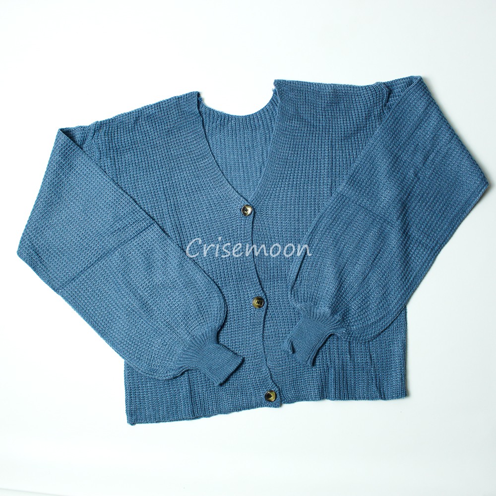 Vina Knitted Cardigan Rajut Kancing Oversize Tangan Balon-Denim
