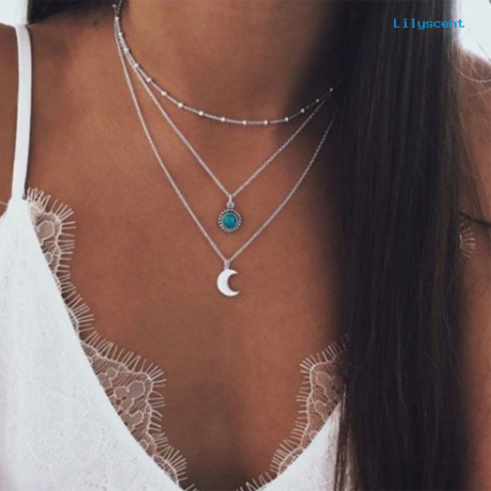 Kalung Rantai Multilayer Dengan Liontin Bulan Sabit Aksen Turquoise Imitasi Untuk Wanita