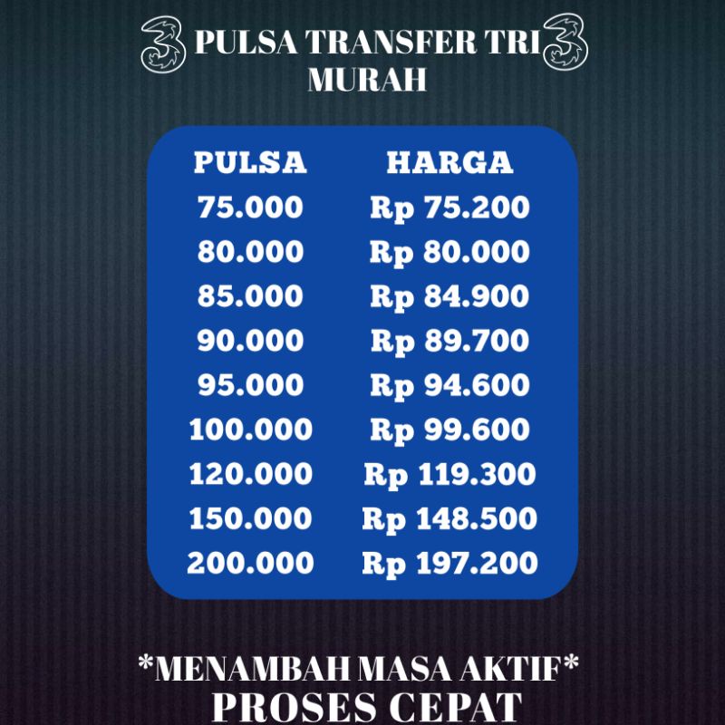 PULSA TRANSFER THREE TRI MURAH MENAMBAH MASA AKTIF NOMINAL 75,80,85,90,95,100,120,150,200