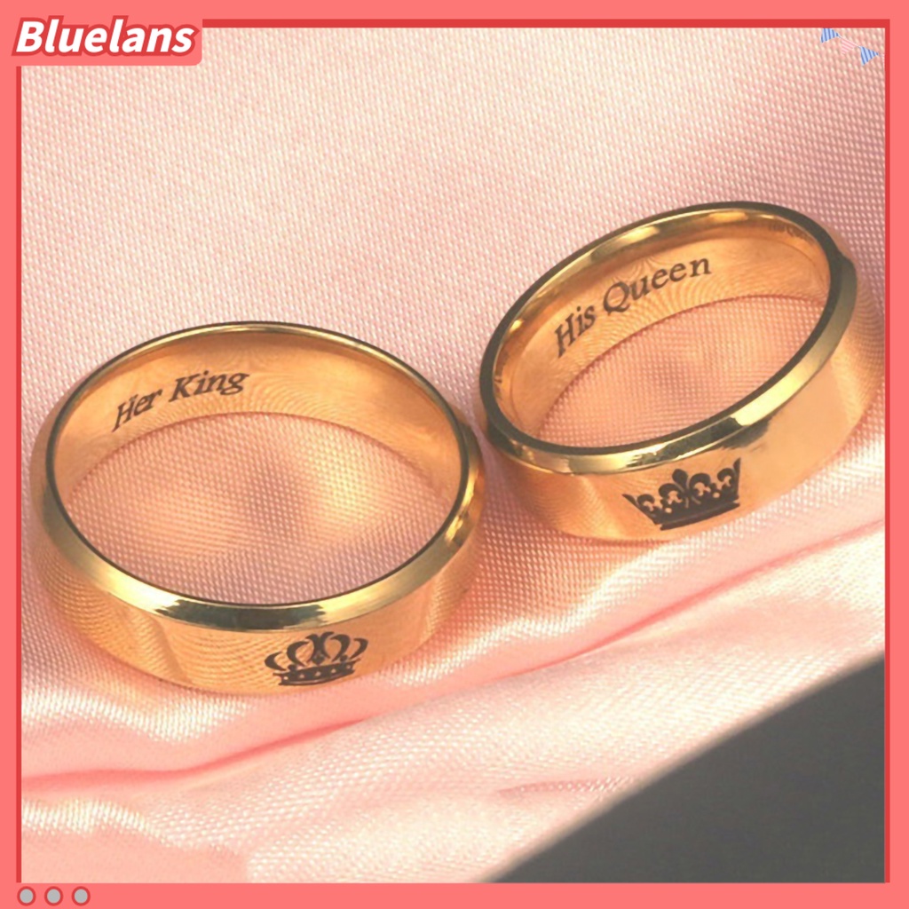 Bluelans Couple Ring His Queen Her King Crown Titanium Steel Letter Engraved Lover Ring Jewelry