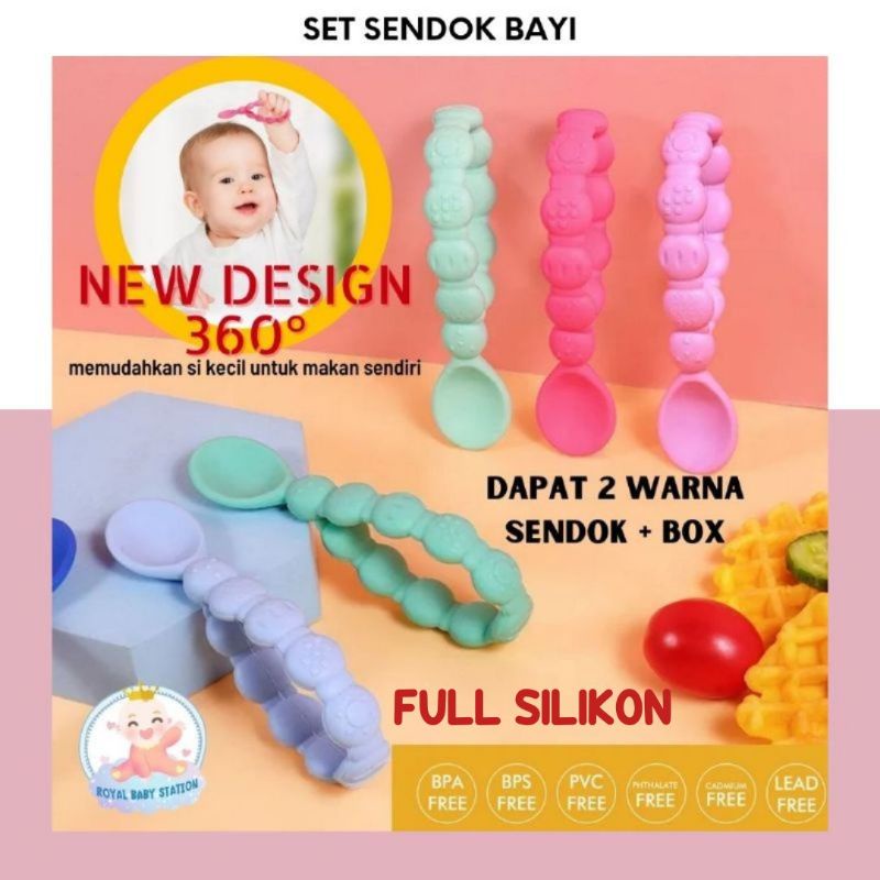 PROMO New! 2in1 Set Sendok Full Silikon Bayi Full Silikon 360° holding Premium dengan box