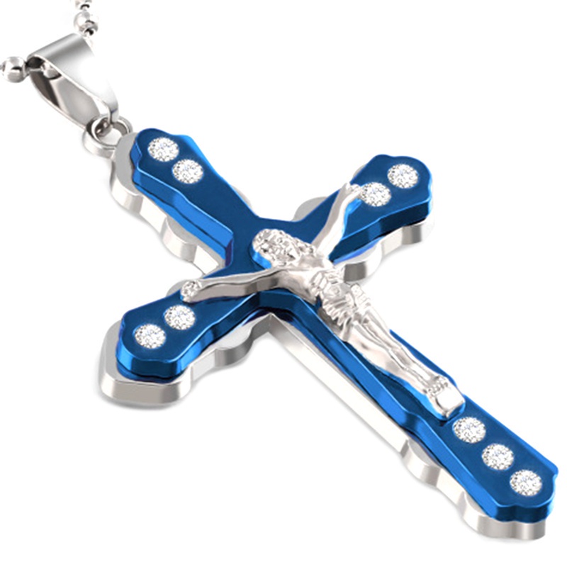 Fancyqube 1pc Kalung Liontin Salib Yesus Bahan Stainless Steel Warna Silver / Gold / Hitam Hias Kristal Zirconia