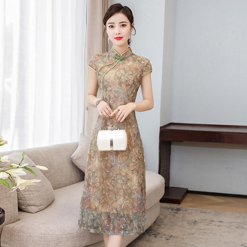 Summer new fashion printing waist closing mother's middle and long cheongsam modified dress