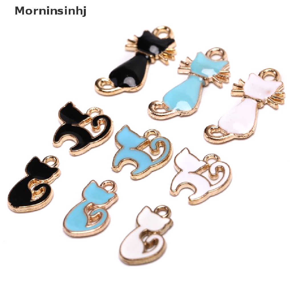 Mornin 10pcs / Pak Liontin Enamel Bentuk Kucing Lucu Untuk Aksesoris Perhiasan Wanita DIY