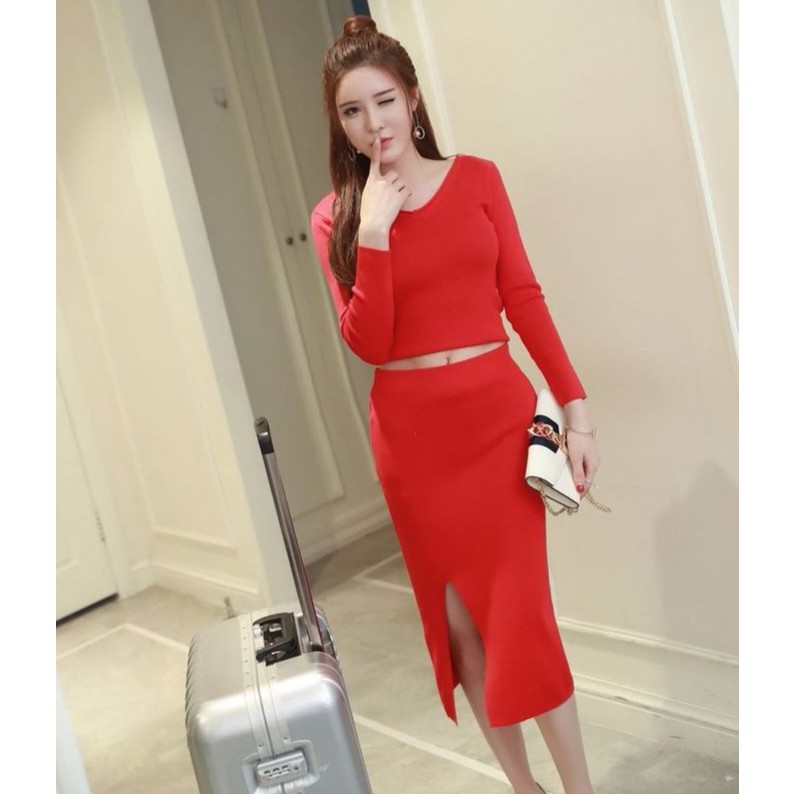 3858328 Top + Skirt Red Slim Fit Set Cotton knit