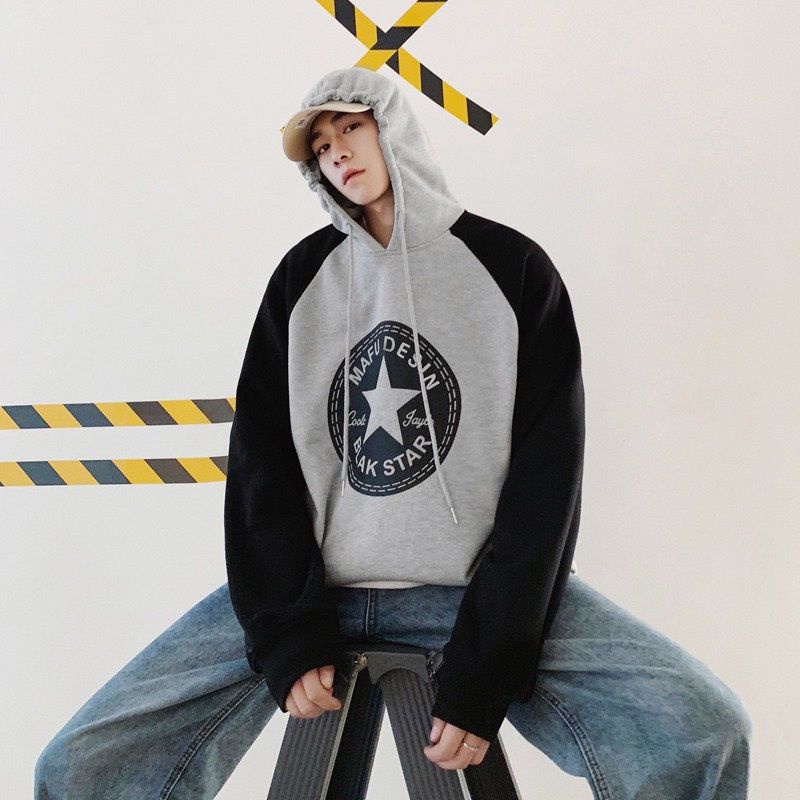 (S - 6XL) Hoodie RAGLAN MIX kombinasi 2 Warna BIGSIZE Jaket Jumper CONVERSE Streetwear Korean Harajuku Unisex OVERSIZE Two Tone Jaketin aja Hitam Grey Gray