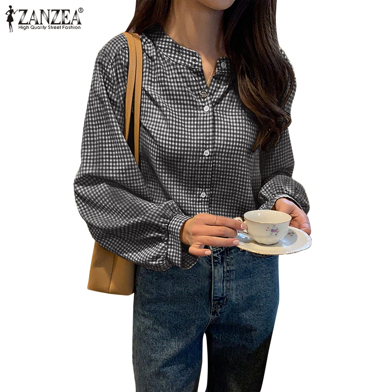 ZANZEA Women Button Down Front Long Sleeve Casual Grid Printed Blouse