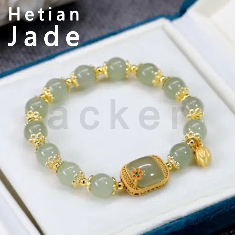 Gelang Tangan Manik-Manik Batu Jade Hetian Natural Bentuk Persegi Gaya Retro Untuk Wanita ACKER