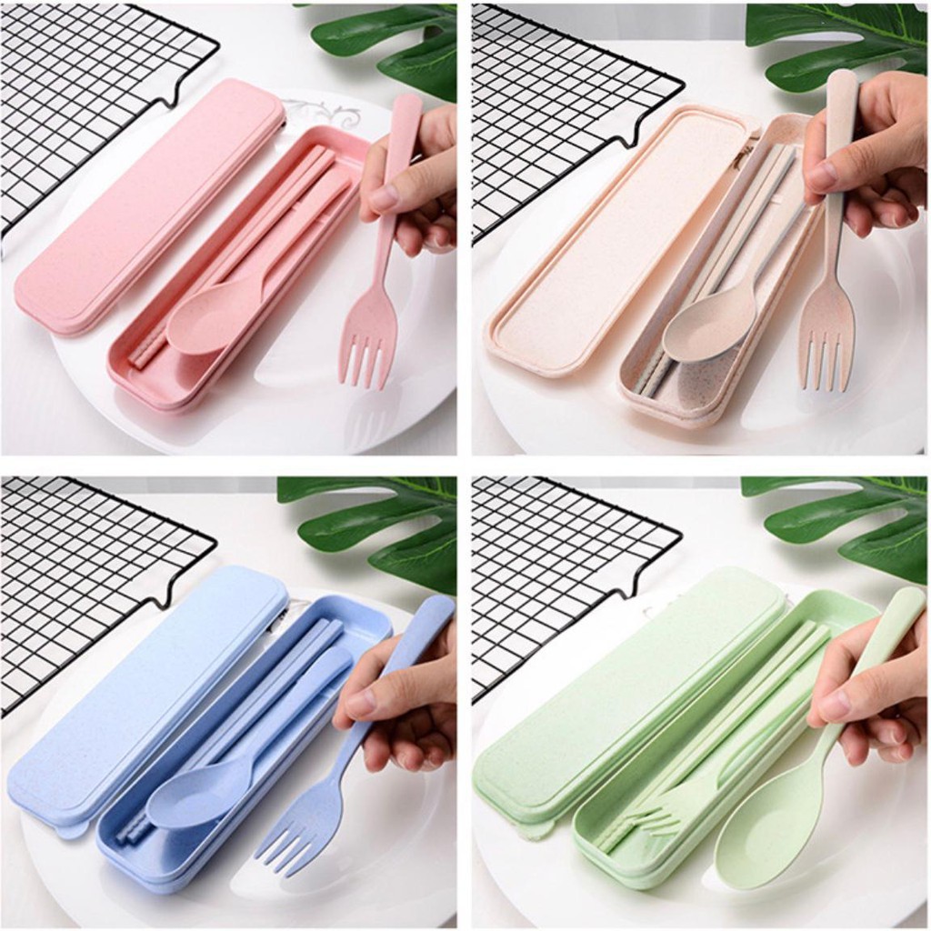 INDOMINI Sendok 3 in1 Cutlery Dinnerware Set Wheat Straw Bahan Plastik Paket Travel R190