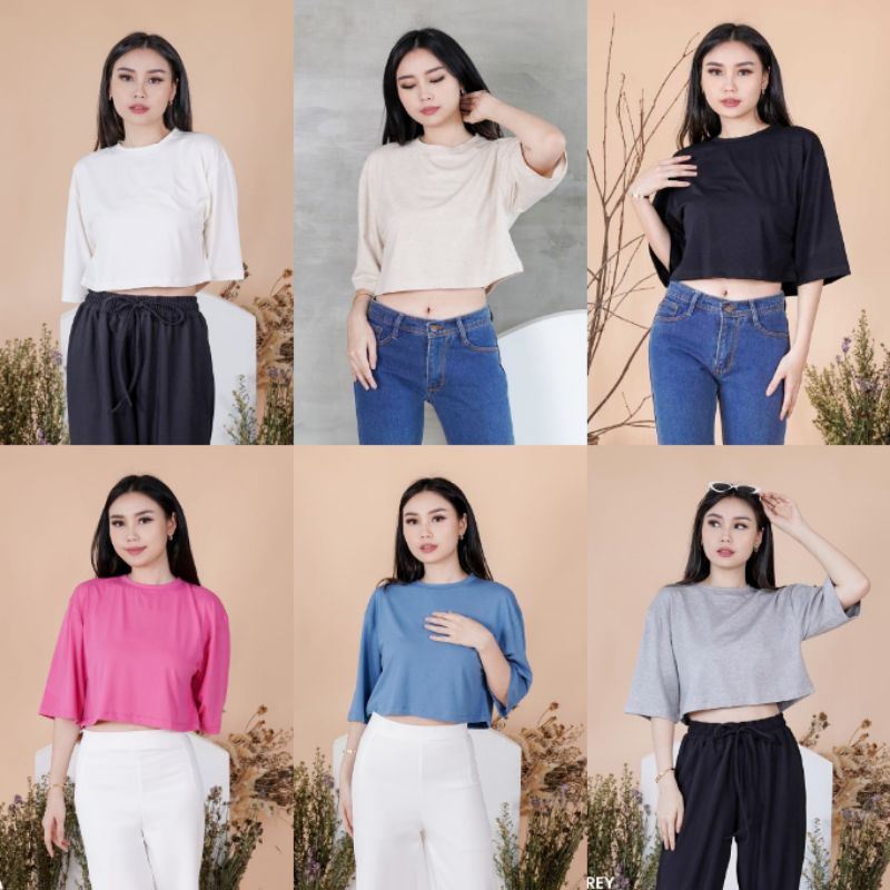 Kaos Crop Top Atasan Wanita Casual Sexy Polos Drop Shoulder Tee