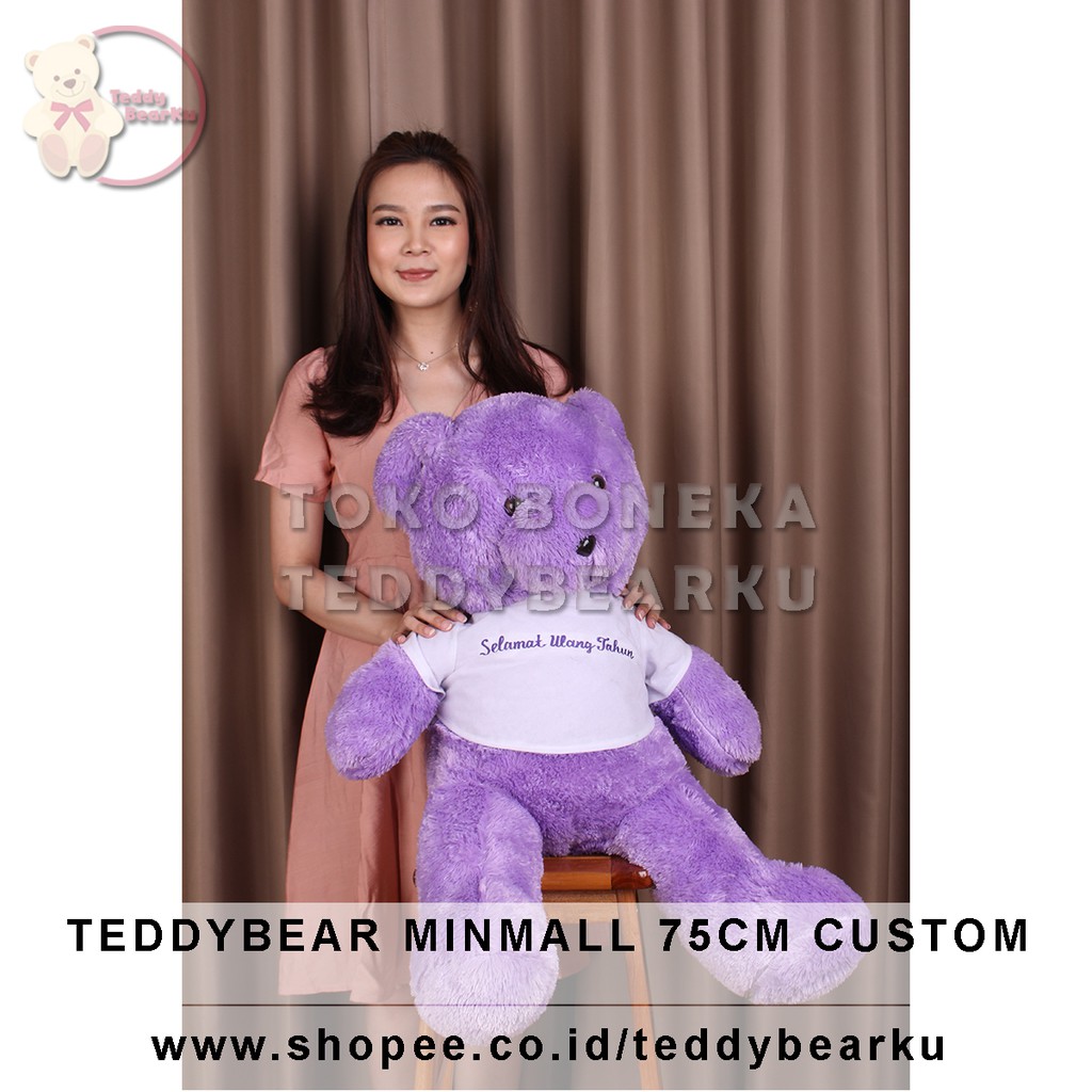 Teddy Bear Ungu Baju Putih + Tulisan Custom Boneka Beruang Mini Mall 75CM XL