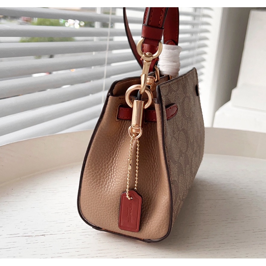 TAS WANITA SELEMPANG MINI LANE TOP HANDLE BROWN KHAKI WHITE LEATHER C8687