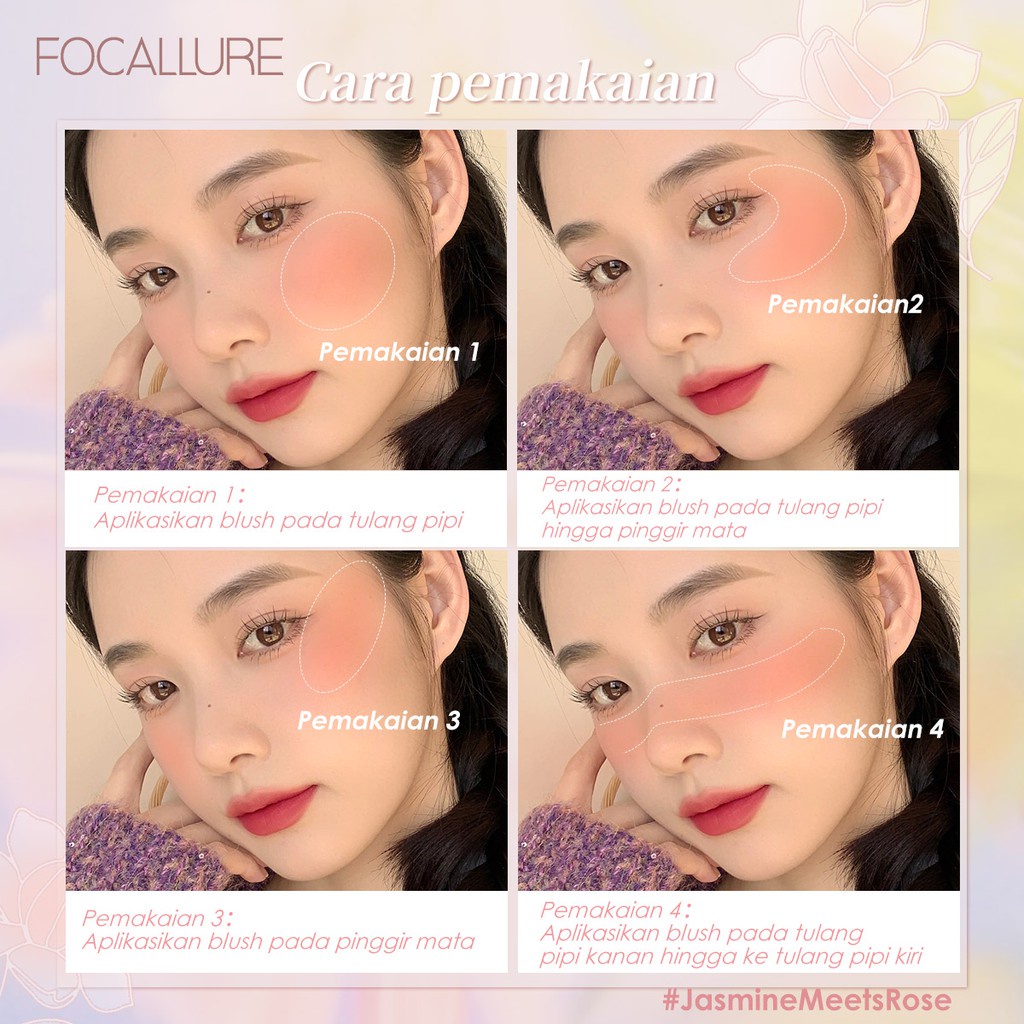 FOCALLURE #JasmineMeetsRose Blush High Pigmen Tahan Lama bedak Untuk Wajah FA235