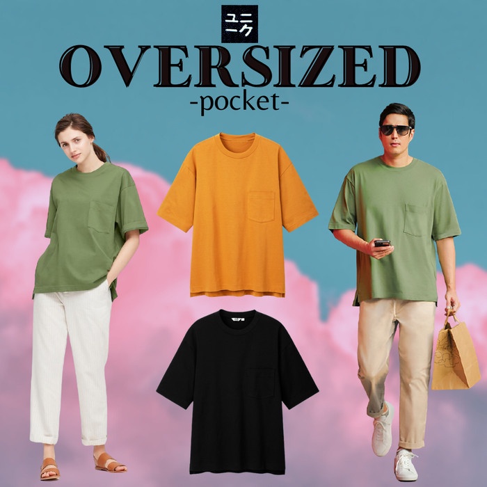 pria-kaos- t-shirt kaos oversize pria wanita pocket kantong saku pola uniqlo - putih, xl -kaos-pria