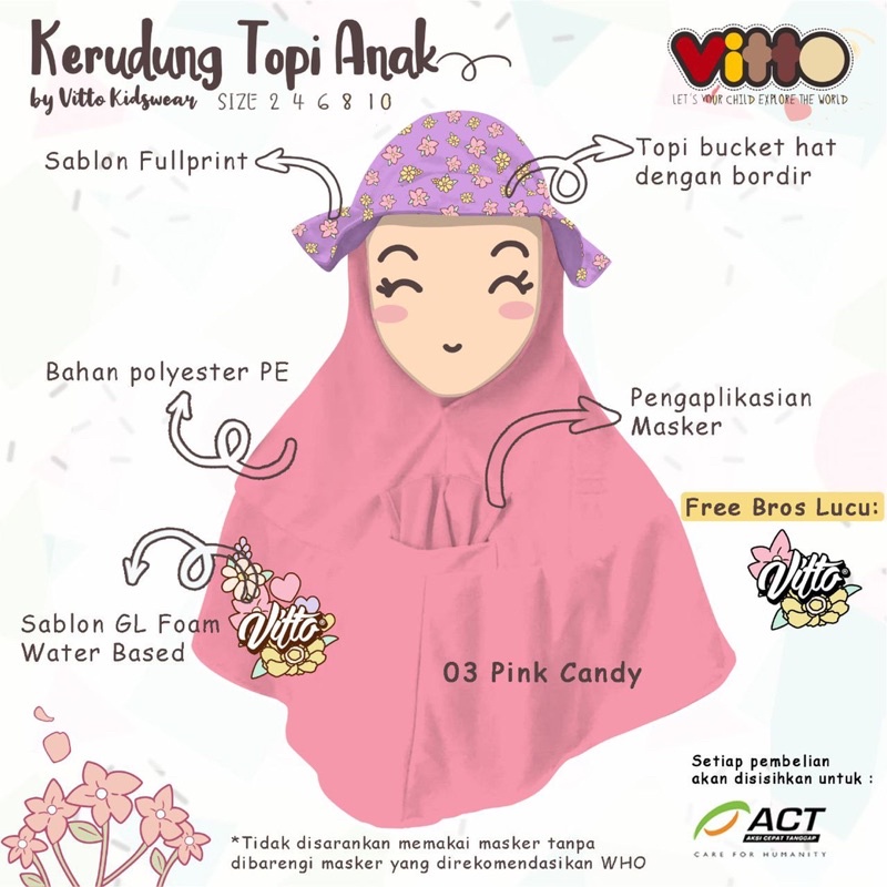 Kerudung Topi Anak Vitto Kidswear 2-10 Tahun Masker Topi Free Bross Lucu