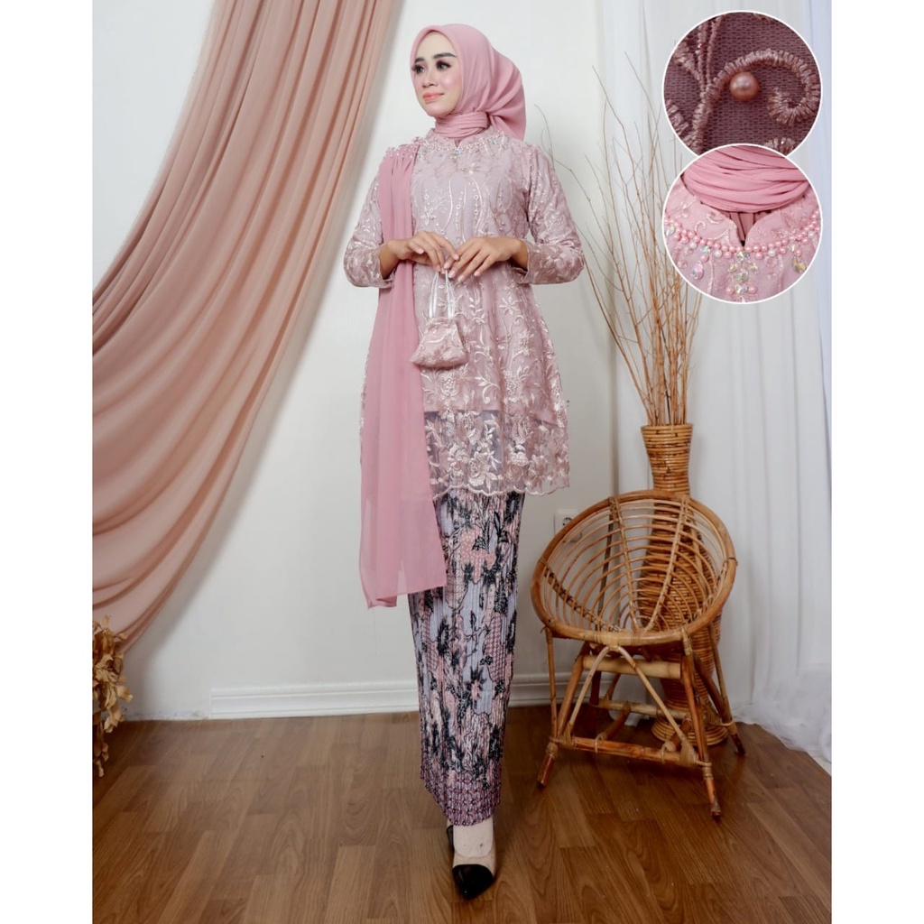 Permata Olshop / Kebaya Tunik Salendang Putri / Baju Kebaya Wisuda / Kebaya Lamaran / Tunik Brokat Modern / Kebaya Kondangan / Salendang Payet