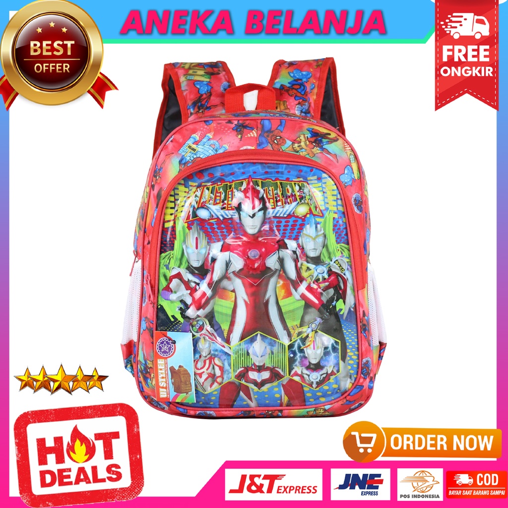 Tas Ransel Anak Lampu Karakter Ultraman Warna Merah Tas Sekolah Anak TK PAUD SD Motif Keren Kekinian