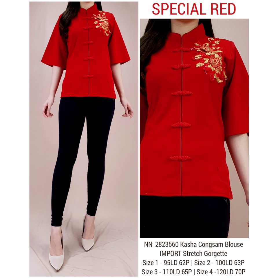 BLOUSE CHEONGSAM YEREMIA IMPORT STRETCH GEORGETTE HIGH QUALITY IMLEK COLLECTION ONLY RED ( 4 SIZE ) 