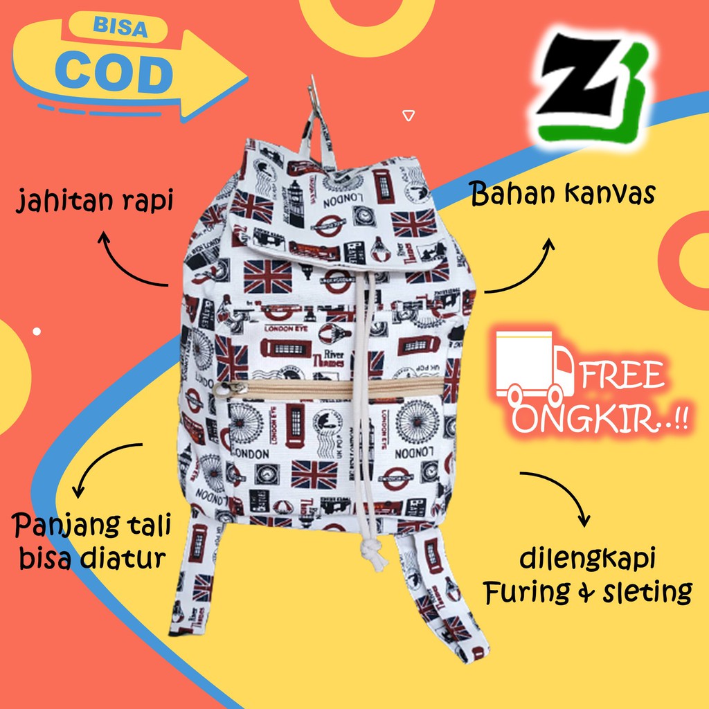 Tas ransel wanita cewek Perempuan Cewe remaja Sekolah kuliah kerja kanvas kekinian serut murah A6-london