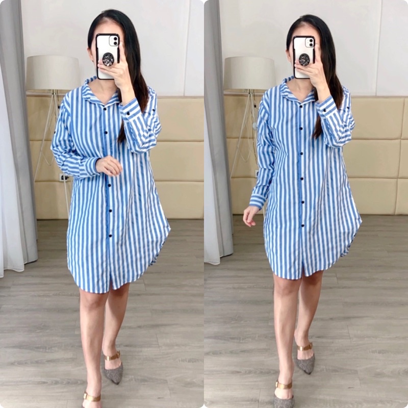 real pic kemeja tunik salur / kemeja panjang wanita motif salur / rata tunik