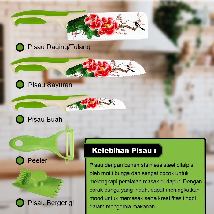 BAYAR DITEMPAT - Set Pisau Dapur 5in1 Motif Bunga // Pisau Daging Bunga + Peeler /PISAU ANTIKARAT - J23